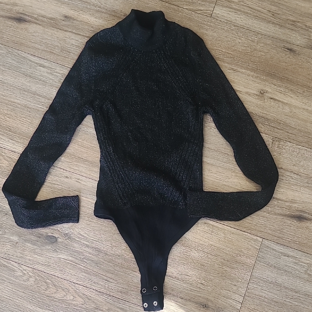 Black Turtleneck Metallic Open Back Women's Sweater Bodysuit Xs